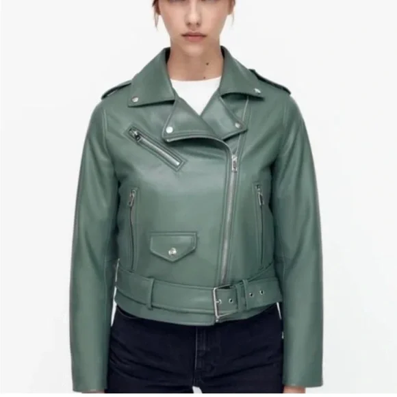 Zara Green Leather Biker Jacket - Picture 2 of 5
